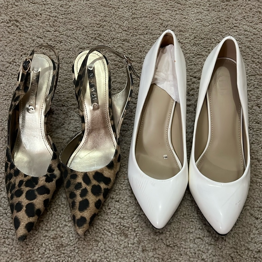 White Patent Leather Chrome Heel & Leopard Print Strap Heels BUNDLE